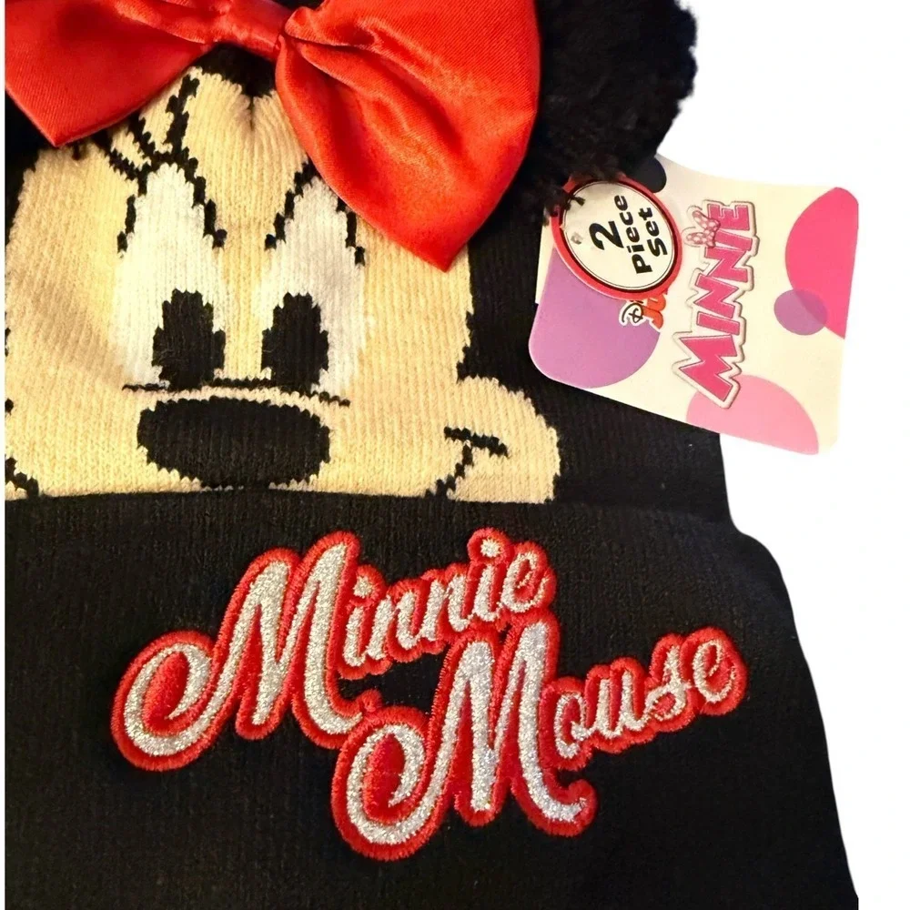 NWT Disney Minnie Mouse Kids Beanie Hat and Gloves Set Black 2-5T